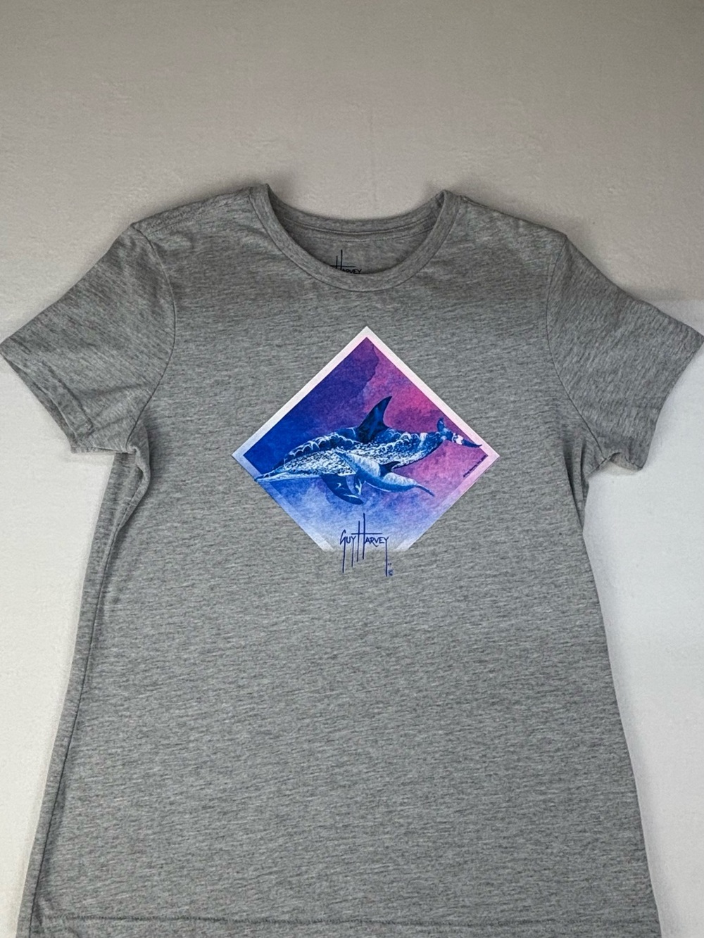 Guy Harvey Grey Tee with Blue & Purple Dolphin Graphic